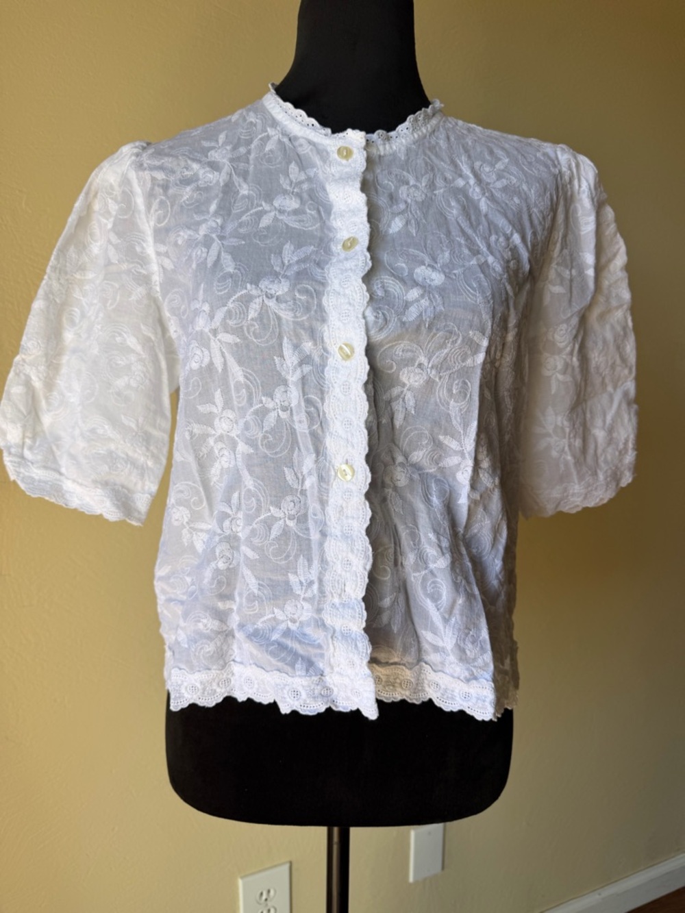 Cotton lace button up mock neck blouse